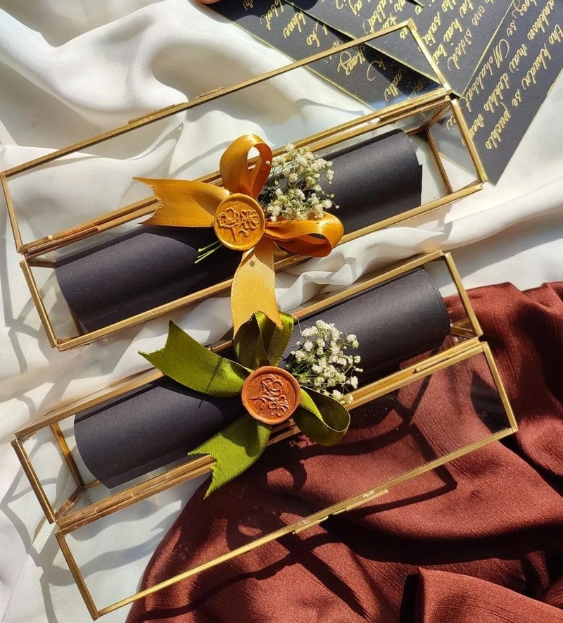 ARTINCO Glass Gold Scroll Box For Wedding Invitations, Giveaway Gift Box 9X2.1X2 .1 Inches (23X5X5 Cm, Pack Of 1) - Image 5