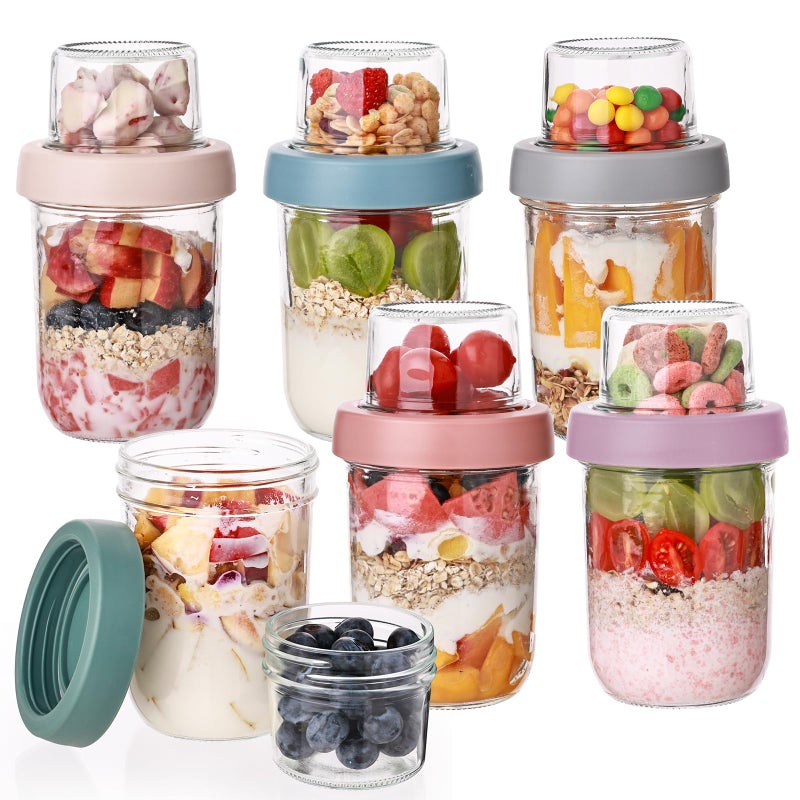 Wells 6 Pack Overnight Oats Containers with Lids, 16 OZ Dual Layer Yogurt Containers with Dry and Wet Separation, Airtight Leak Proof Oatmeal Jar for Chia Pudding, Breakfast, Cereal - Image 1