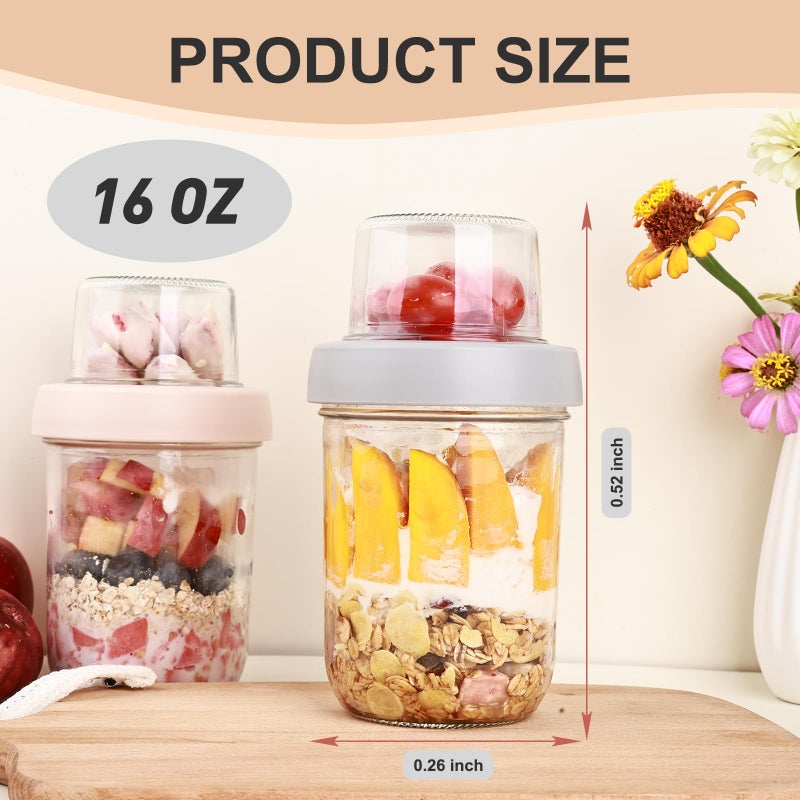Wells 6 Pack Overnight Oats Containers with Lids, 16 OZ Dual Layer Yogurt Containers with Dry and Wet Separation, Airtight Leak Proof Oatmeal Jar for Chia Pudding, Breakfast, Cereal - Image 2