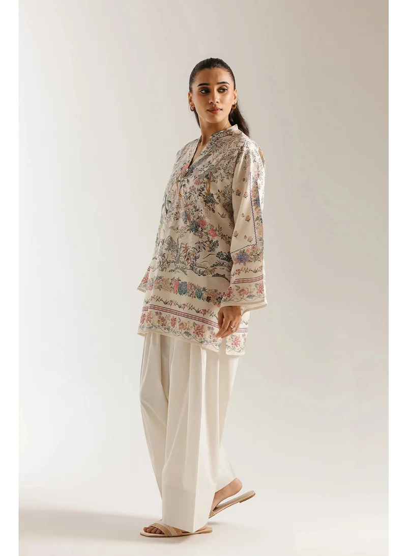 Bazm-A Fashion Atelier  Women's 2-Piece FARSHI-2025 Outfit - Beige Printed Tunic & White Pants for Women | Best Price UAE