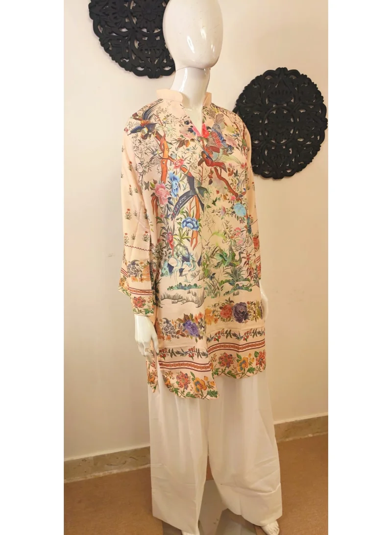 Bazm-A Fashion Atelier  Women's 2-Piece FARSHI-2025 Outfit - Beige Printed Tunic & White Pants for Women | Best Price UAE