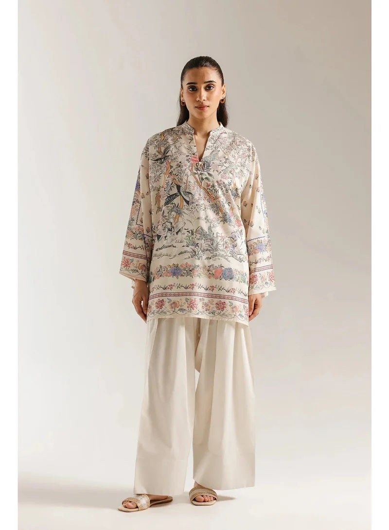 Women's 2-Piece FARSHI-2025 Outfit - Beige Printed Tunic & White Pants