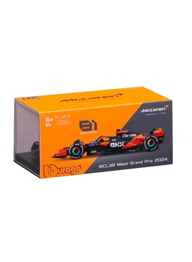Bburago سيارة ببراغو F1 جائزة ميامي الكبرى 2024 ماكلارين MCL38 #81 أوسكار بياستري مصنوعة من الصب (1:43، برتقالي/أسود) - Image 1