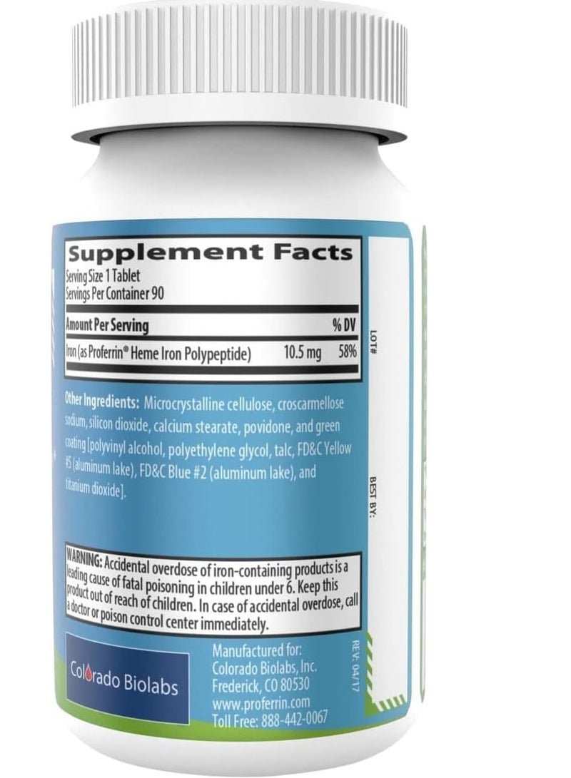 Proferrin ES ES- 10.5mg of high Absorbing Heme Iron Polypeptide. Made in The USA. 90 Tablets. Easy on The Gut. Not affected by Coffee, Calcium, or PPI's. - Image 2