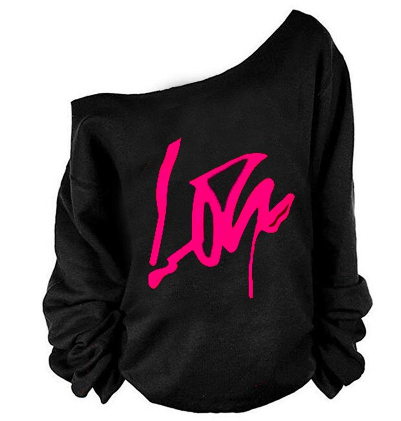 MAGICMK Womanâ€™s Sweatershirt Lips Print Causal Blouse Off The Shoulder Long Sleeve Loose Slouchy Pullover Plus Size Topsâ€¦ - Image 1