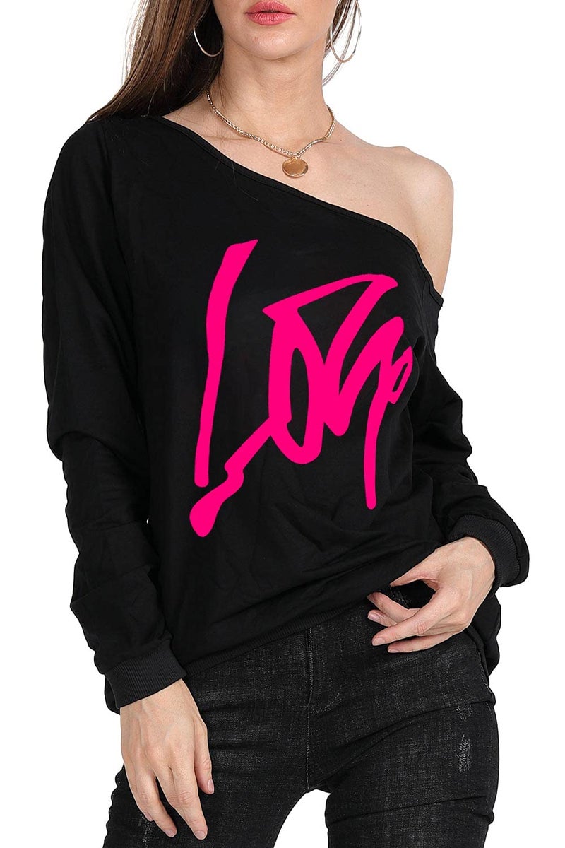 MAGICMK Womanâ€™s Sweatershirt Lips Print Causal Blouse Off The Shoulder Long Sleeve Loose Slouchy Pullover Plus Size Topsâ€¦ - Image 5