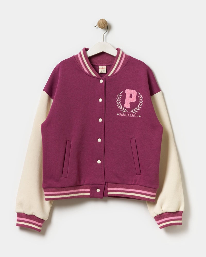Minipodyum Girls Paris Slogan Embroidered Snap Front Closure Bomber College Jacket  - Image 1