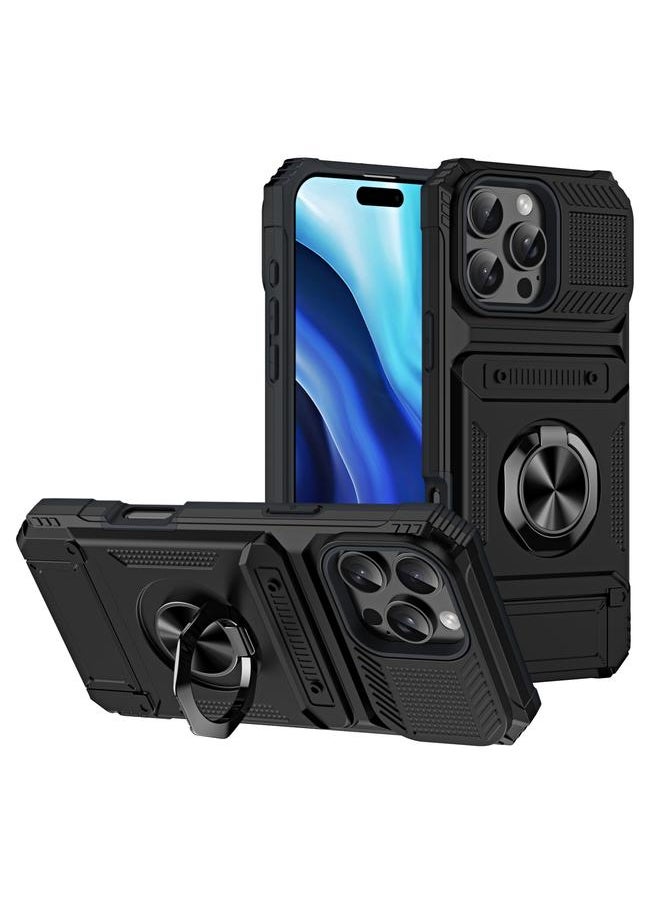 Generic For iPhone 16 Pro Max TPU+PC Shockproof Card Phone Case with Metal Ring Holder(Black) 