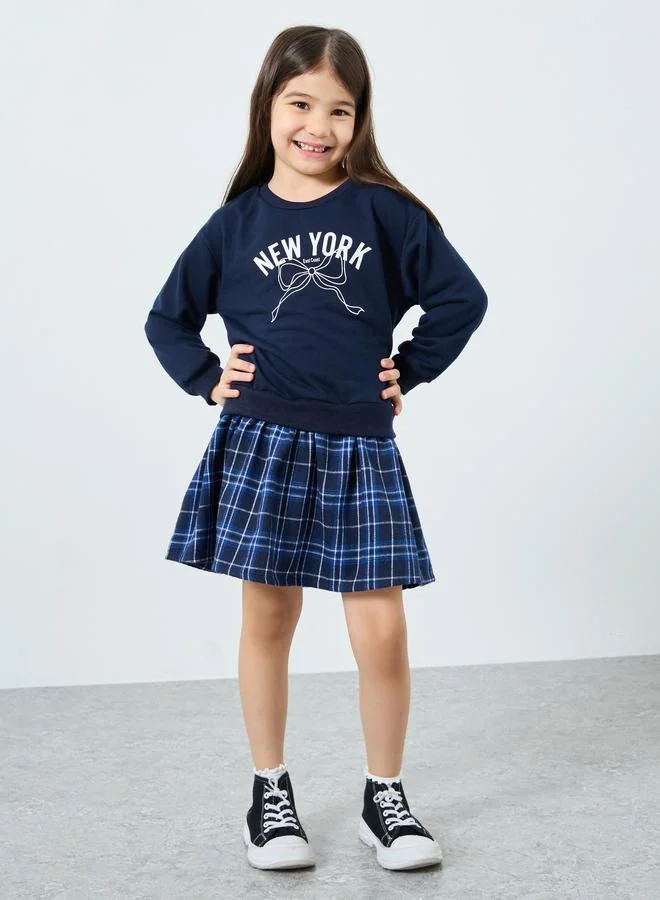Styli Styli Girls Navy Blue Plaid Knee-Length Dress