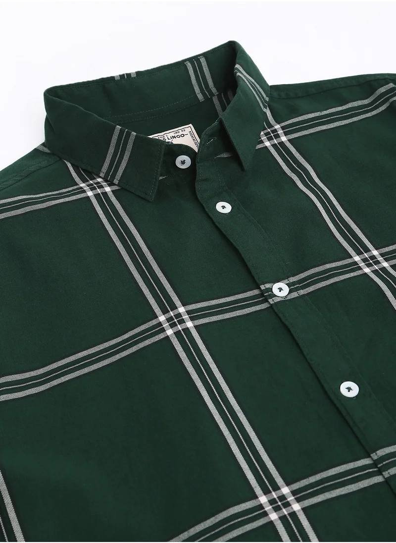 دينيس لينغو Slim Fit B-Green Men's Checkered Shirt, Spread Collar, Full Sleeves, Cotton