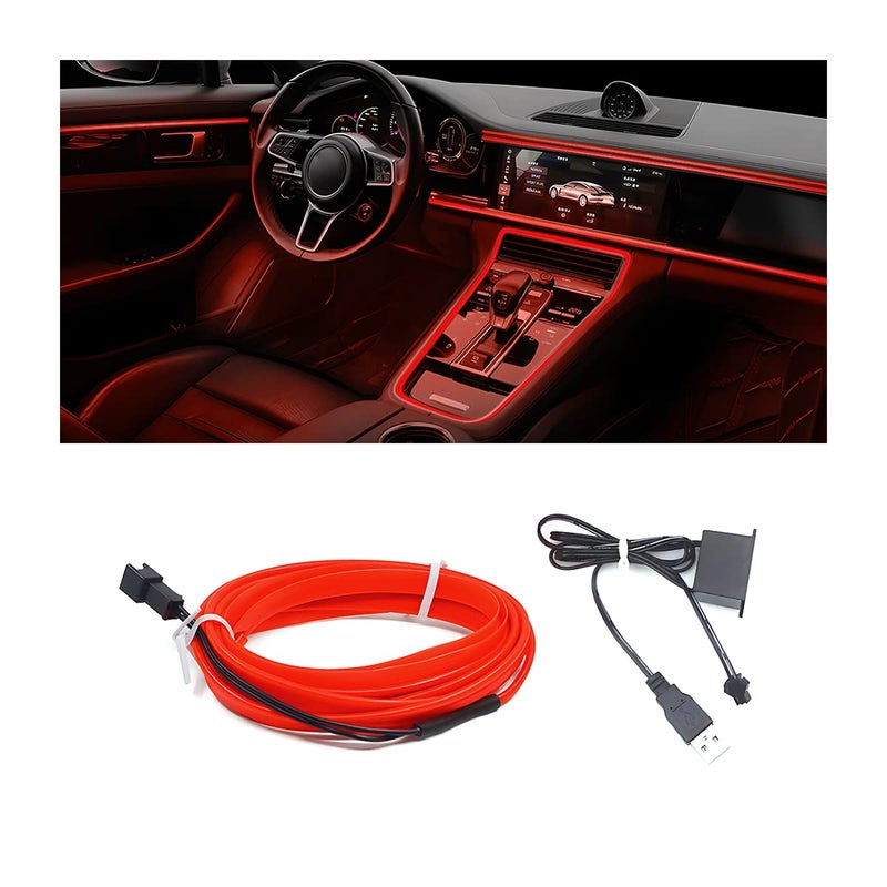 HIPOPY EL Wire LED Strip Lights USB Auto Neon Light Strip with Sewing Edge 16FT Electroluminescent Ambient Lighting Kit with Fuse Protection Car Decoration Accessory Red16FT
