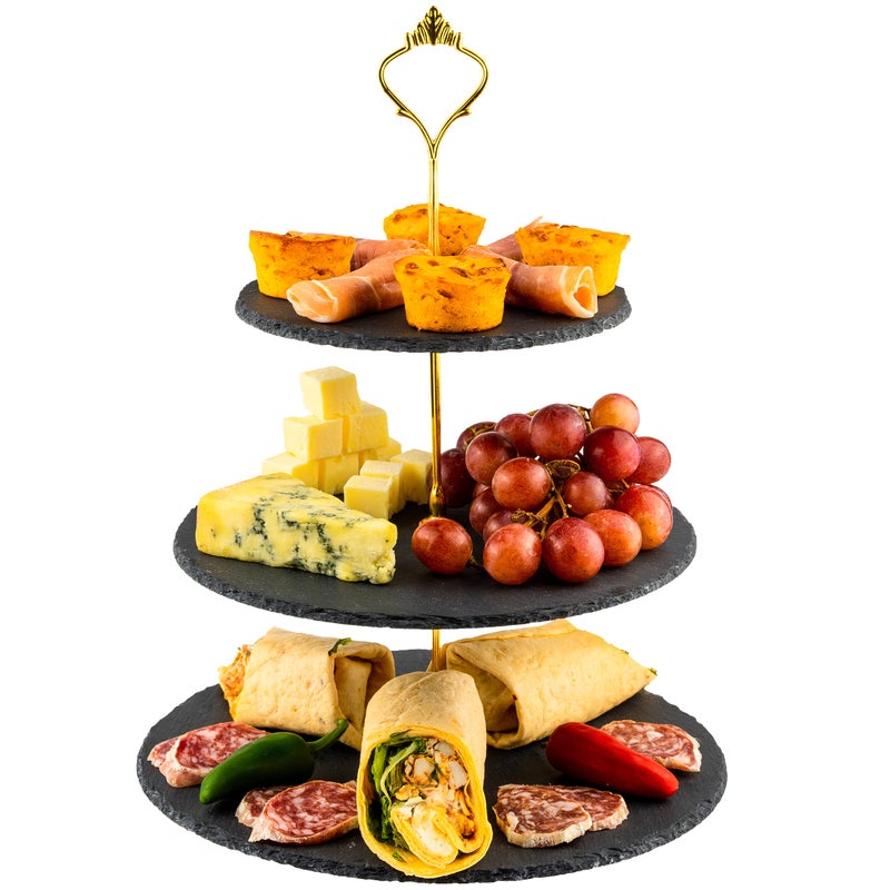Nyxi 3 in 1 Cake Stand 100 Natural Slate Round Rough Edges Display with Gold Fittings Can be Used as 3 Tier 2 Tier  Single Tier Stand Based