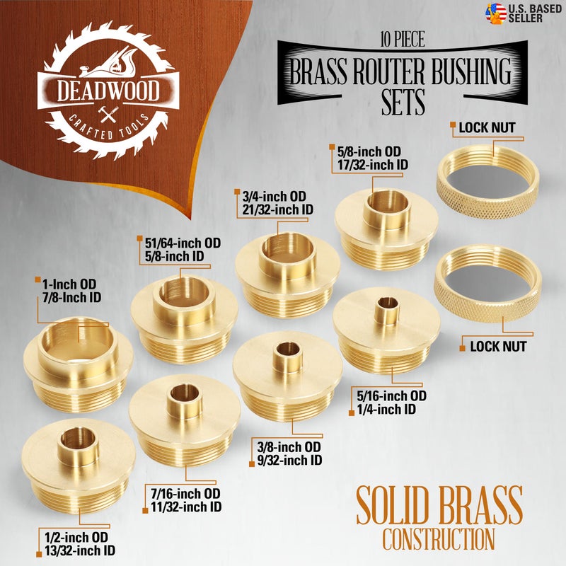 Deadwood Crafted Tools DCT Brass Router Template Guides Bushing 10-Piece Set & Black Carrying Case - Porter-Cable Guide Bushings 5/16 to 1in - Image 2
