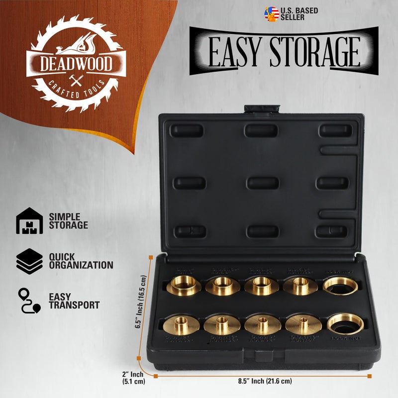 Deadwood Crafted Tools DCT Brass Router Template Guides Bushing 10-Piece Set & Black Carrying Case - Porter-Cable Guide Bushings 5/16 to 1in - Image 3