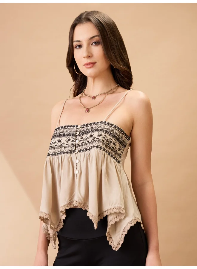 globus Women Beige Embroidered Square Neck Shoulder Strap Asymmetric Hem Fusion Tunic