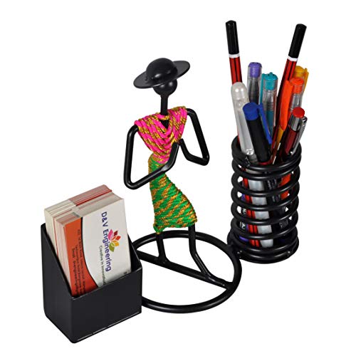 D&V ENGINEERING - Creative in innovation D&V Engineering Namaste Welcome Gesture Pen/Pencil and Visiting Card Holder with Indian Pink/Green Dressed Lady - Image 1