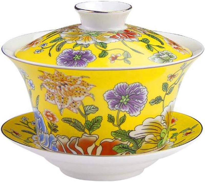 Eplze YBK Tech 10oz Large Gaiwan Porcelain Kung Fu Tea Cup and Saucer with Lid Chinese Traditional Gaiwan Sancai Tea Bowl Yellow - Image 1