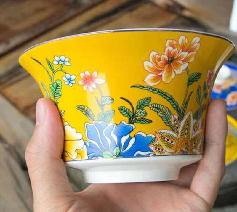 Eplze YBK Tech 10oz Large Gaiwan Porcelain Kung Fu Tea Cup and Saucer with Lid Chinese Traditional Gaiwan Sancai Tea Bowl Yellow - Image 3