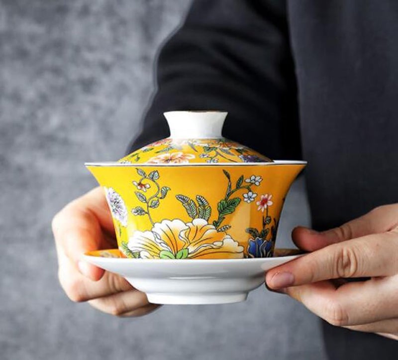 Eplze YBK Tech 10oz Large Gaiwan Porcelain Kung Fu Tea Cup and Saucer with Lid Chinese Traditional Gaiwan Sancai Tea Bowl Yellow - Image 5