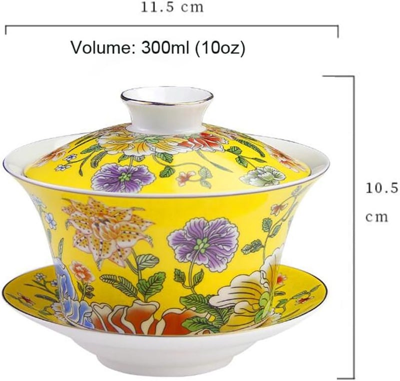 Eplze YBK Tech 10oz Large Gaiwan Porcelain Kung Fu Tea Cup and Saucer with Lid Chinese Traditional Gaiwan Sancai Tea Bowl Yellow - Image 2