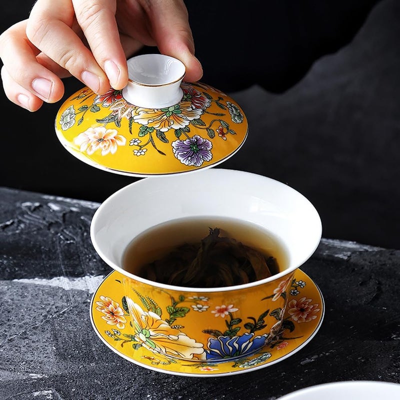 Eplze YBK Tech 10oz Large Gaiwan Porcelain Kung Fu Tea Cup and Saucer with Lid Chinese Traditional Gaiwan Sancai Tea Bowl Yellow - Image 4
