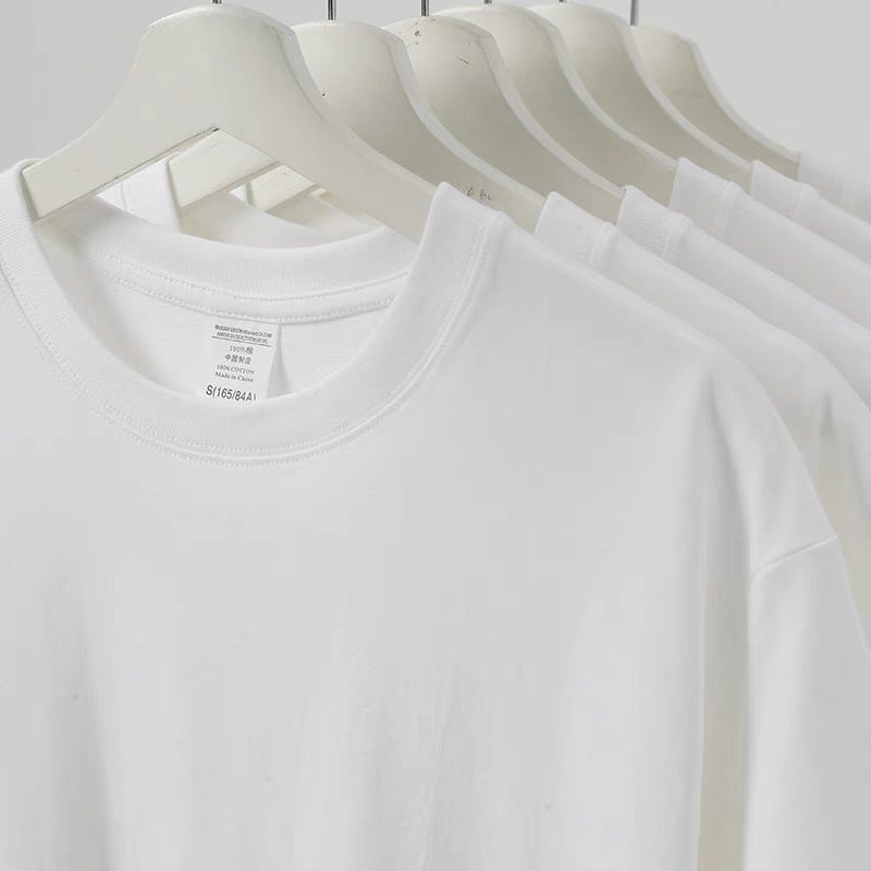 Heavy cotton short sleeve T-shirt 300g loose crew neck basic mens and womens white simple Joker solid color base shirt White - Image 3