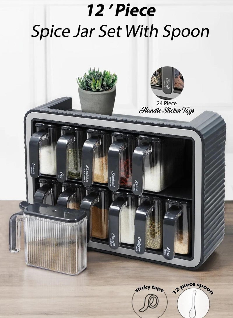 Kitchen Life 12-Piece Self-Sticking Plastic Spice Jar Set with Spoons, Labels and Handles – Made in Turkey - Image 1
