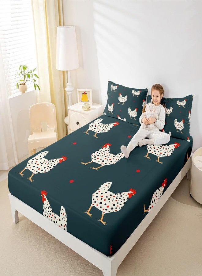Homewish Chicken Cartoon Sheet Twin,Farm Animal Rustic Bedding Set for Kids Teens Adults,Boys Girls Farmhouse Dark Green Vintage Bed Sheet Set 3pcs(Deep Pocket Fitted Sheet + Flat Sheet + 1 Pillowcase) - Image 3