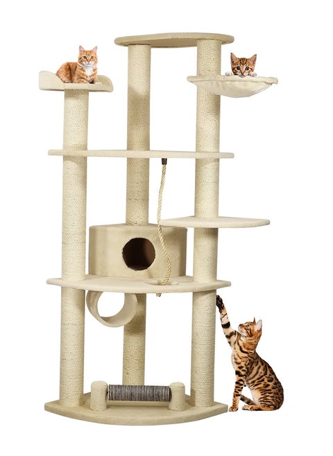 Cat tree with Large platform, Scratching post, Curved perch, Cozy hammock, Cat condo, and Cat tunnel, Multi-level cat tree indoor climbing activity tower for Cats and Kittens 186 cm (Beige)