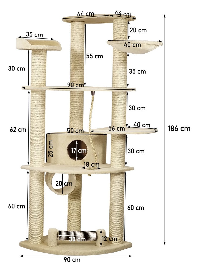 Cat tree with Large platform, Scratching post, Curved perch, Cozy hammock, Cat condo, and Cat tunnel, Multi-level cat tree indoor climbing activity tower for Cats and Kittens 186 cm (Beige)