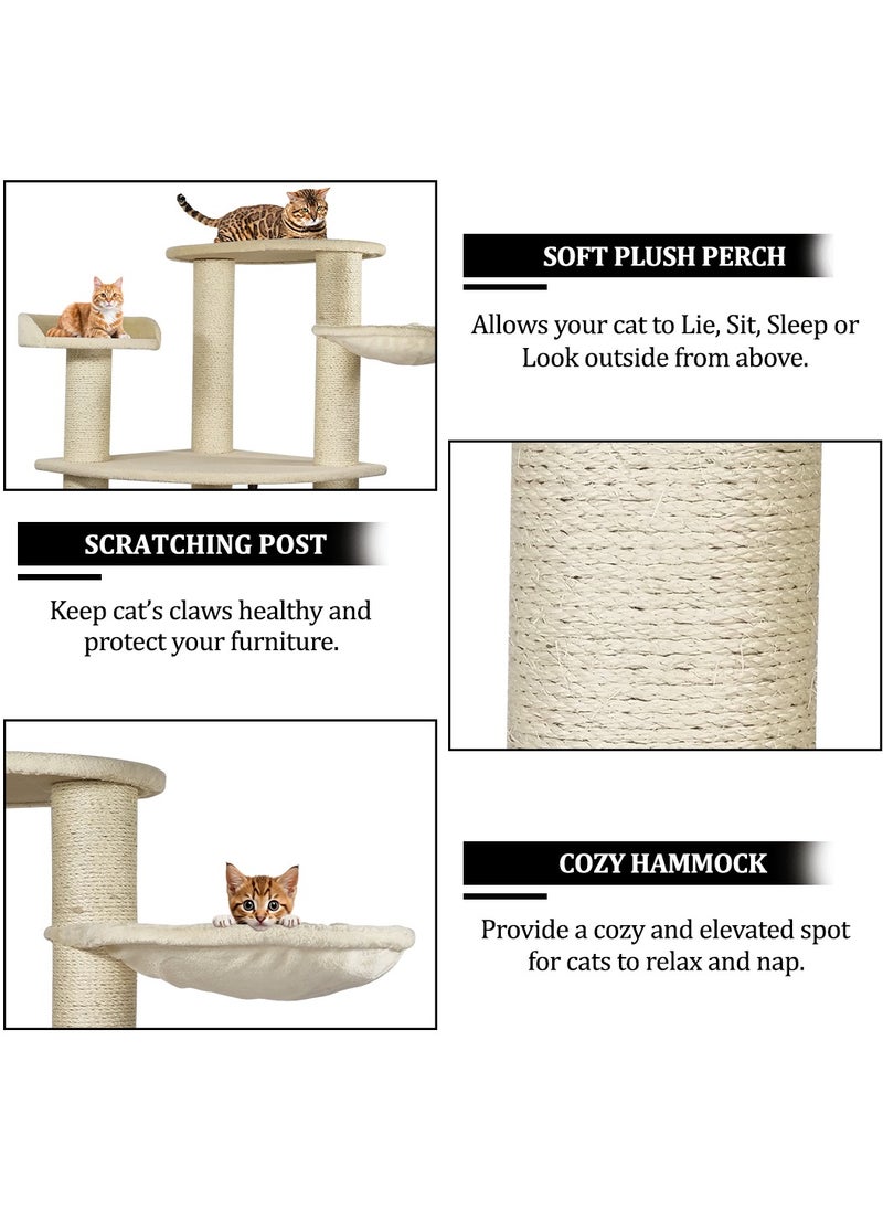 Cat tree with Large platform, Scratching post, Curved perch, Cozy hammock, Cat condo, and Cat tunnel, Multi-level cat tree indoor climbing activity tower for Cats and Kittens 186 cm (Beige)