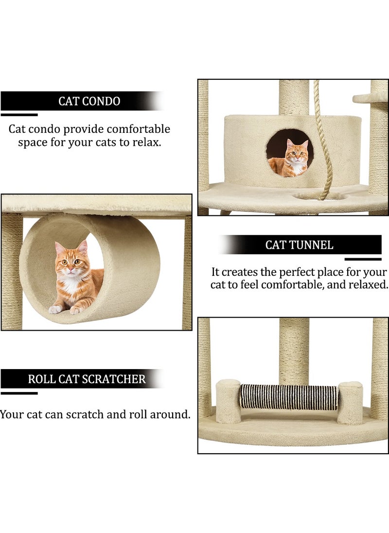 Cat tree with Large platform, Scratching post, Curved perch, Cozy hammock, Cat condo, and Cat tunnel, Multi-level cat tree indoor climbing activity tower for Cats and Kittens 186 cm (Beige)