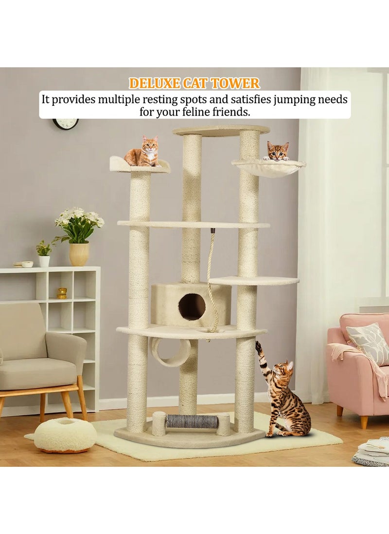 Cat tree with Large platform, Scratching post, Curved perch, Cozy hammock, Cat condo, and Cat tunnel, Multi-level cat tree indoor climbing activity tower for Cats and Kittens 186 cm (Beige)
