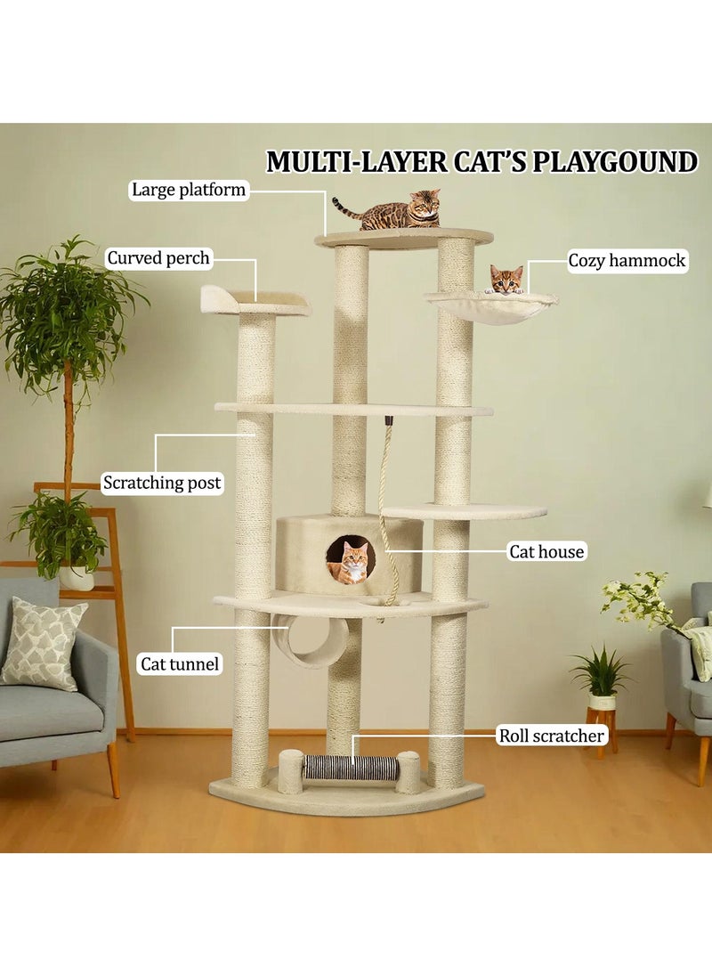 Cat tree with Large platform, Scratching post, Curved perch, Cozy hammock, Cat condo, and Cat tunnel, Multi-level cat tree indoor climbing activity tower for Cats and Kittens 186 cm (Beige)