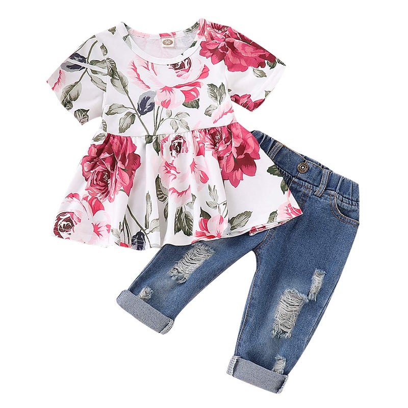 CARETOO Girls Clothes Outfits, Cute Baby Girl Floral Short Sleeve Pant Set Flower Ruffle Top - Image 1