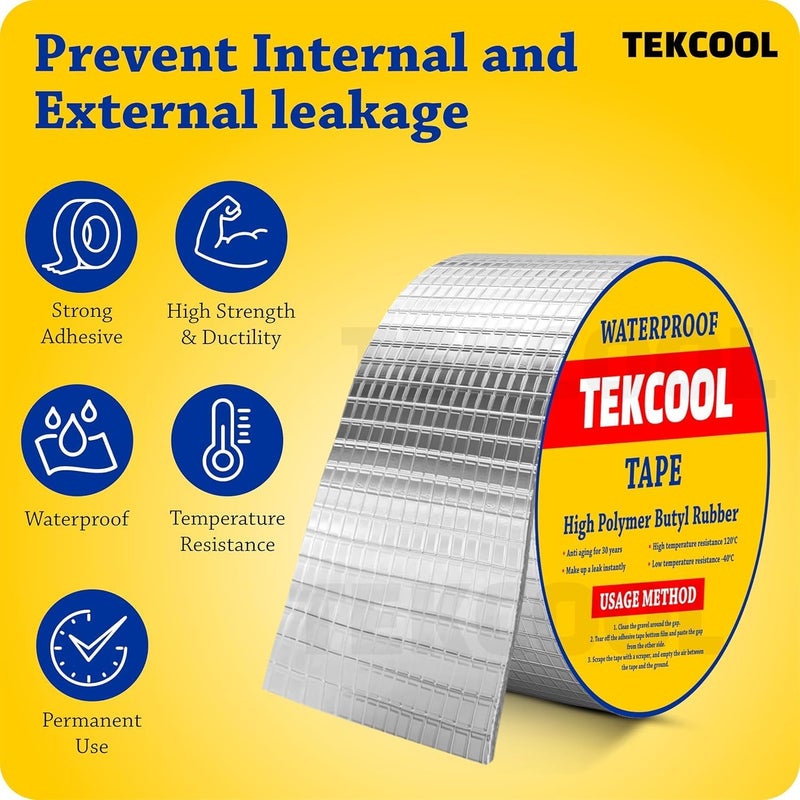 TEKCOOL شريط لاصق قوي للغاية مقاوم للماء للإصلاح الدائم من الألمنيوم بيوتل مناسب لتسرب السقف، شقوق السطح، فجوات حواف النوافذ، ختم القوارب، تجديد المنازل (5 سم * 5 م (عبوة من 2)). - Image 2