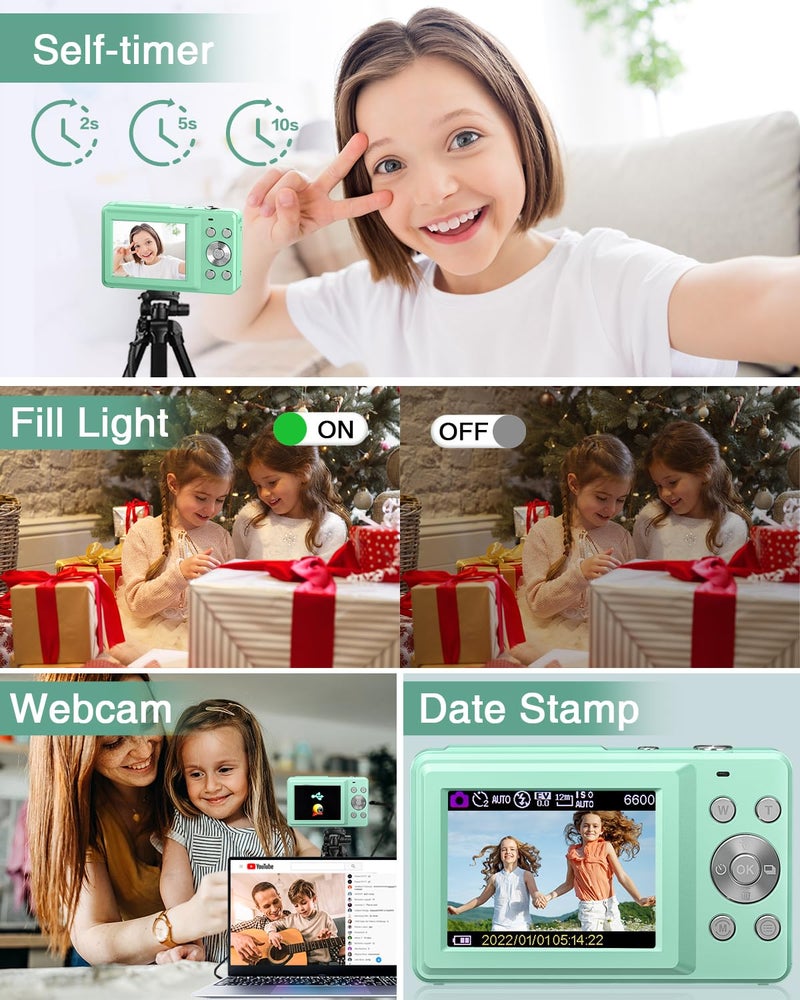 Lecran 1080p kids Digital Camera with 32Gb Card,2 Batteries,Lanyard,16X Zoom,Anti Shake,44Mp Compact Portable Small Point And Shoot Cameras For Kids Children Teens Girl Boy(Light Green) - Image 5