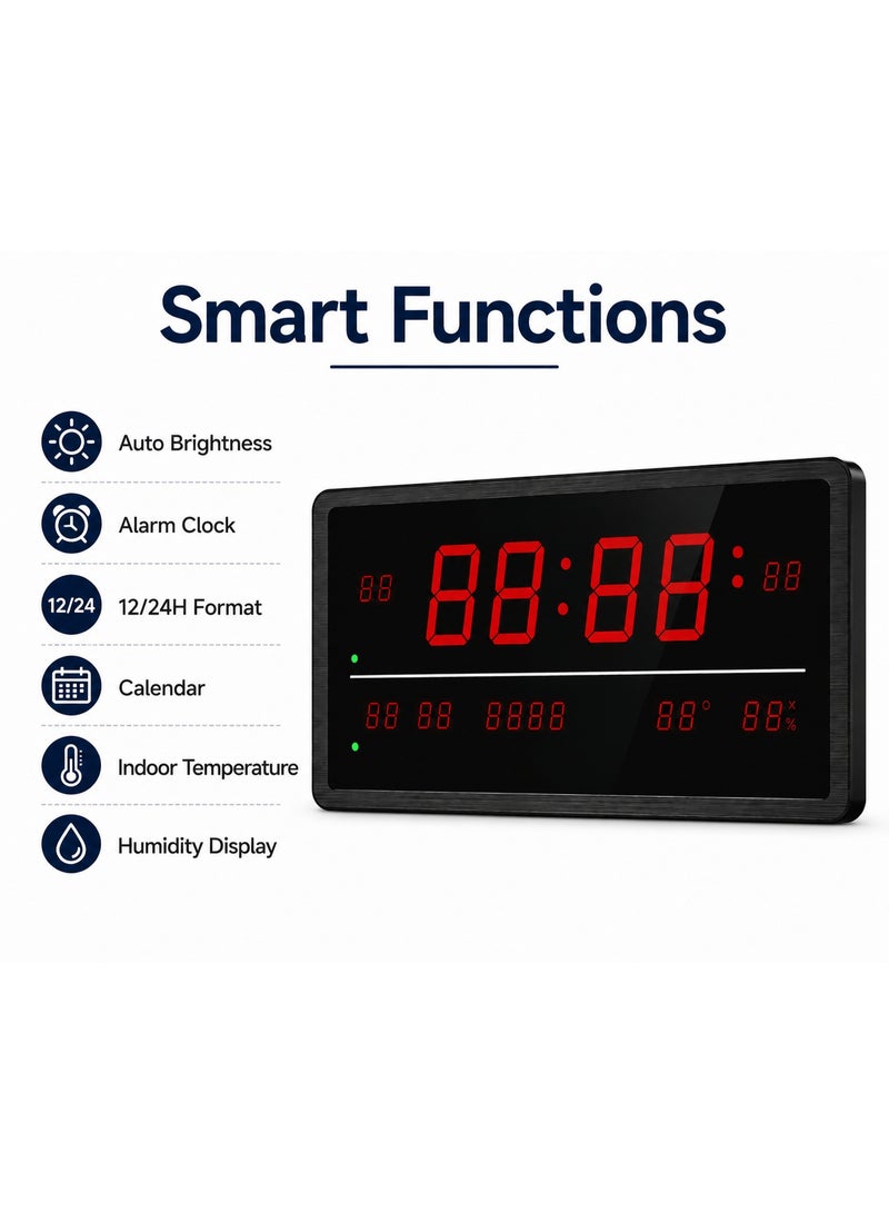 Smart LED Digital Wall Clock Large Display With Calendar, Temperature & Humidity Monitor, Auto Brightness And Alarm For Home Office - Image 4