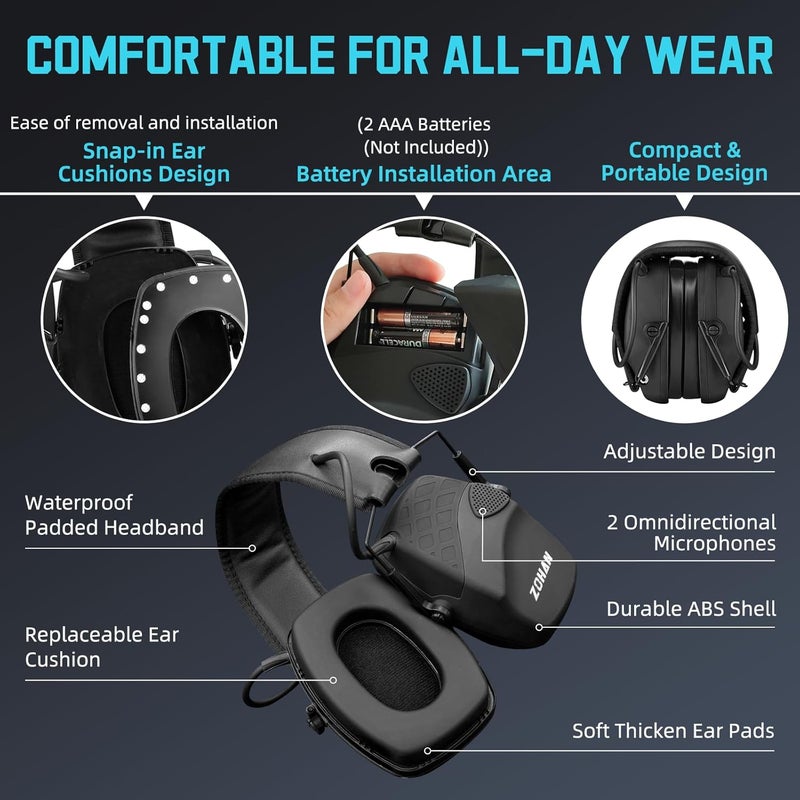 Zohan EM054 Electronic Ear Protection for Shooting Range with Sound Amplification Noise Reduction, Ear Muffs for Gun Range - Image 5