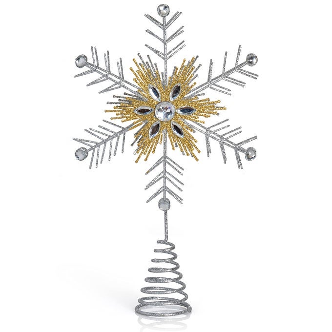 Glitter Snowflake Tree Topper Silver and Gold Bare Branches Styled Sparkling Gem Snowflake Detailed Christmas Toppers Star Tree Top Ornament Decorations Xmas Trees Holiday Decor 12