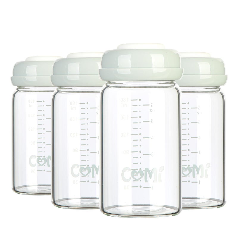 COMI Wide Neck Glass Breastmilk Collection n Storage Bottle, 4 Packs, 6oz with Screw Ring Sealing Disk; Re-markable Sealing Disc. BPA Free, Fits Breast Pumps & Nipples (4 Gray Lids) - Image 1