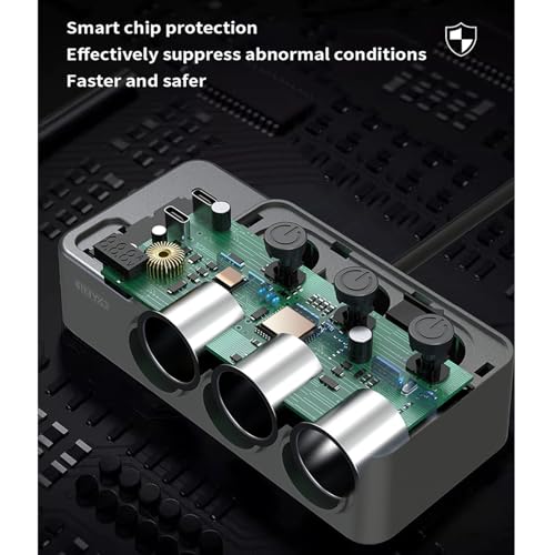 STHIRA® 120W Cigarette Lighter Splitter for 12V/24V Car, 8 in 1 Multi-Socket Car Charger Adapter with PD Type C Ports & 3 USB Ports, 3-Way Car Socket Splitter with Lighted Switches - Image 4
