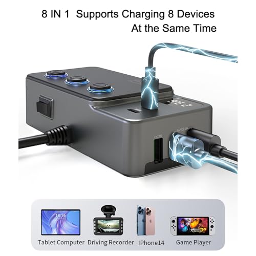 STHIRA® 120W Cigarette Lighter Splitter for 12V/24V Car, 8 in 1 Multi-Socket Car Charger Adapter with PD Type C Ports & 3 USB Ports, 3-Way Car Socket Splitter with Lighted Switches - Image 2