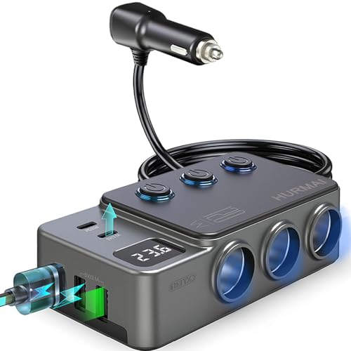STHIRA® 120W Cigarette Lighter Splitter for 12V/24V Car, 8 in 1 Multi-Socket Car Charger Adapter with PD Type C Ports & 3 USB Ports, 3-Way Car Socket Splitter with Lighted Switches - Image 1