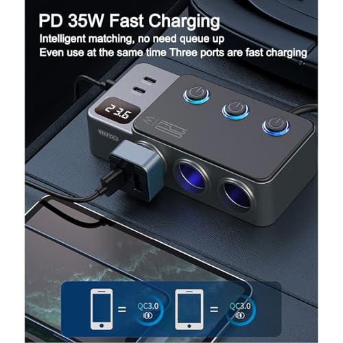 STHIRA® 120W Cigarette Lighter Splitter for 12V/24V Car, 8 in 1 Multi-Socket Car Charger Adapter with PD Type C Ports & 3 USB Ports, 3-Way Car Socket Splitter with Lighted Switches - Image 3