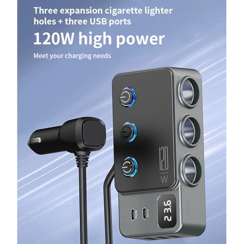 STHIRA® 120W Cigarette Lighter Splitter for 12V/24V Car, 8 in 1 Multi-Socket Car Charger Adapter with PD Type C Ports & 3 USB Ports, 3-Way Car Socket Splitter with Lighted Switches - Image 5