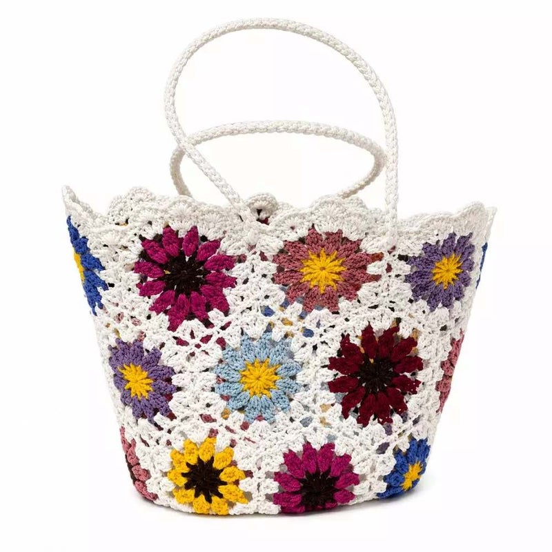 Hand Woven Crochet Beach Bag With Multicolor Floral Pattern and Braided Handles- White