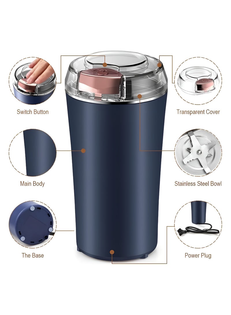 بلان A مطحنة قهوة وتوابل كهربائية عالية الكفاءة 300 وات، شفرات ستانلس ستيل 4 شفرات، وعاء سعة 100 جرام، لطحن القهوة الطازجة، الأعشاب، الحبوب والمكسرات مع غطاء شفاف - Image 4