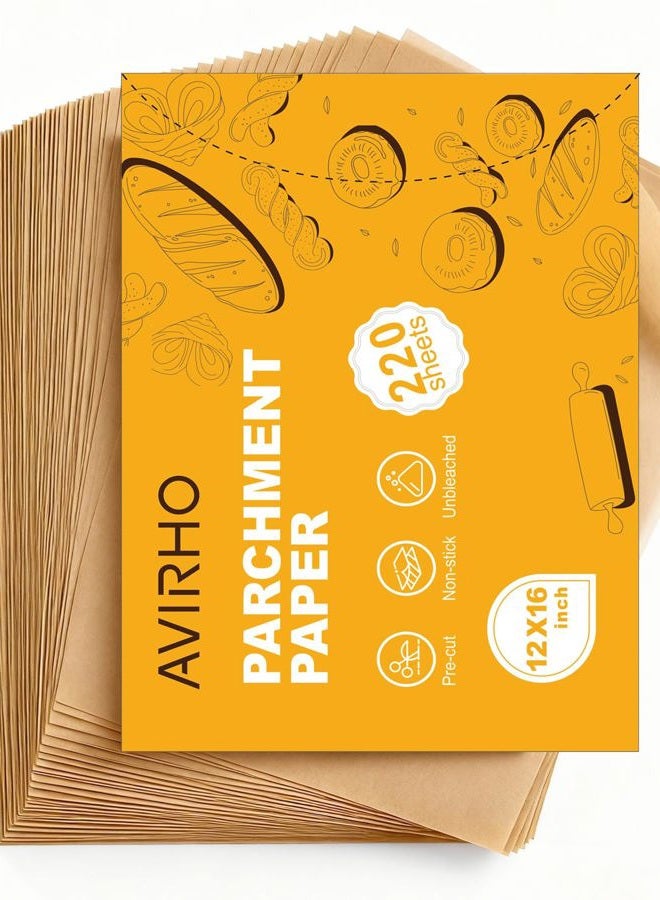 Avirho Parchment Paper Baking Sheets, 12x16IN Precut Non-Stick Parchment Paper for Baking, Grilling, Air Fryer, Steaming-Unbleached Parchment Sheets for Bread Cup Cake Cookie And More, 220 Sheets - Image 1