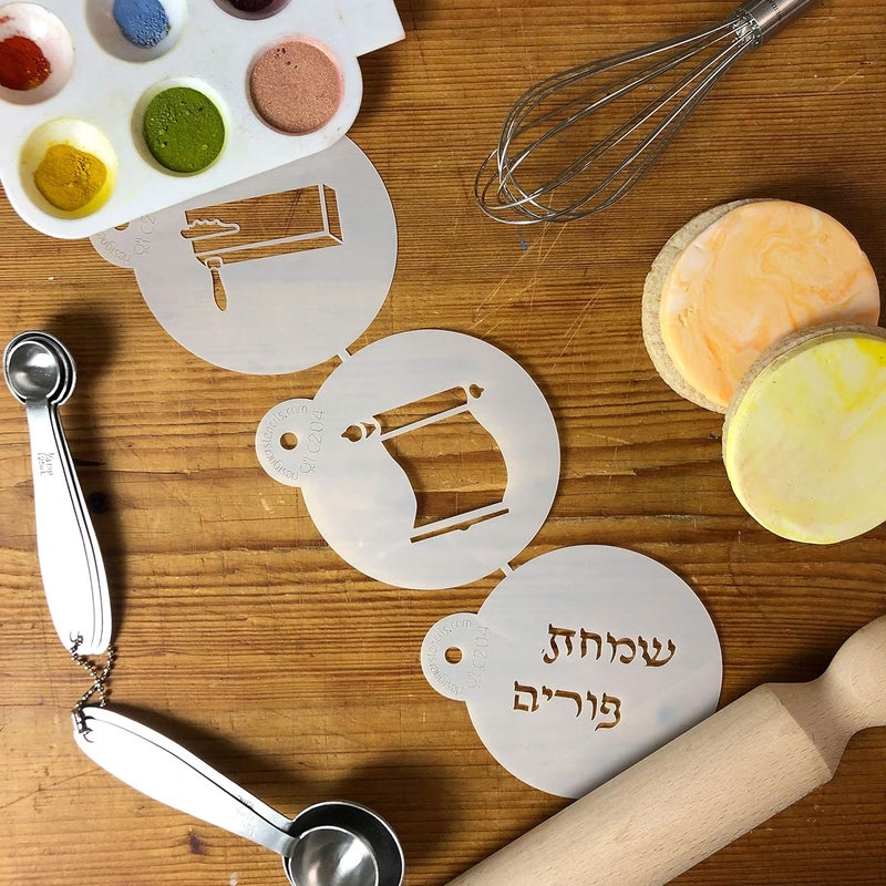 Designer Stencils C204 Three Purim Symbols Cookie Stencils Meglliah Happy Purim Hebrew Gragger Beigesemitransparent - Image 3